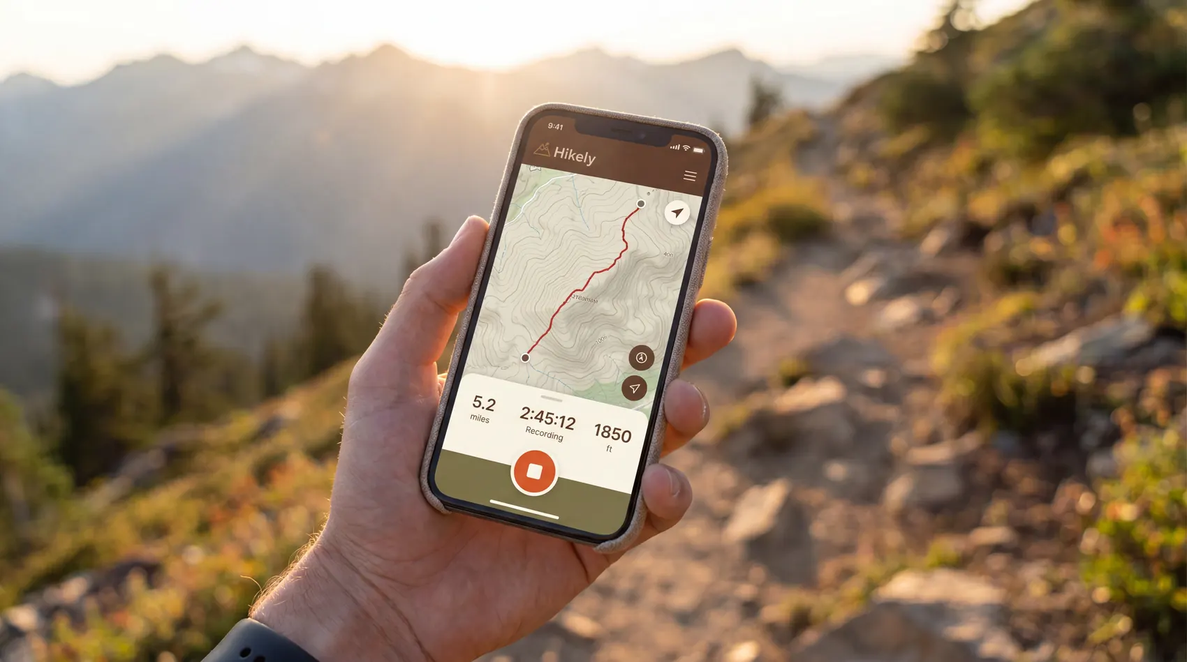 A phone showing Hikely recording a trail route with distance, time, and elevation.